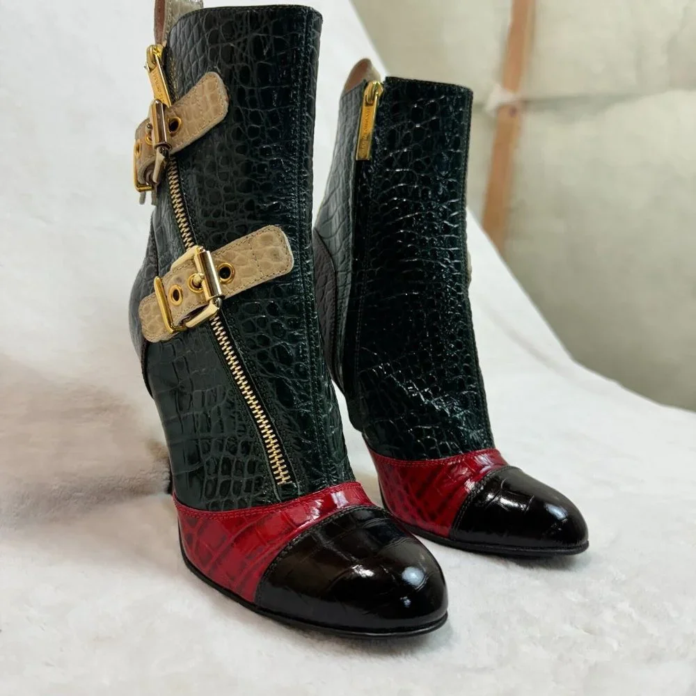 Luciano Padovan Womens Boots High Heel Shoes Red & Green Crocodile Italy Size 36 - Picture 4 of 16